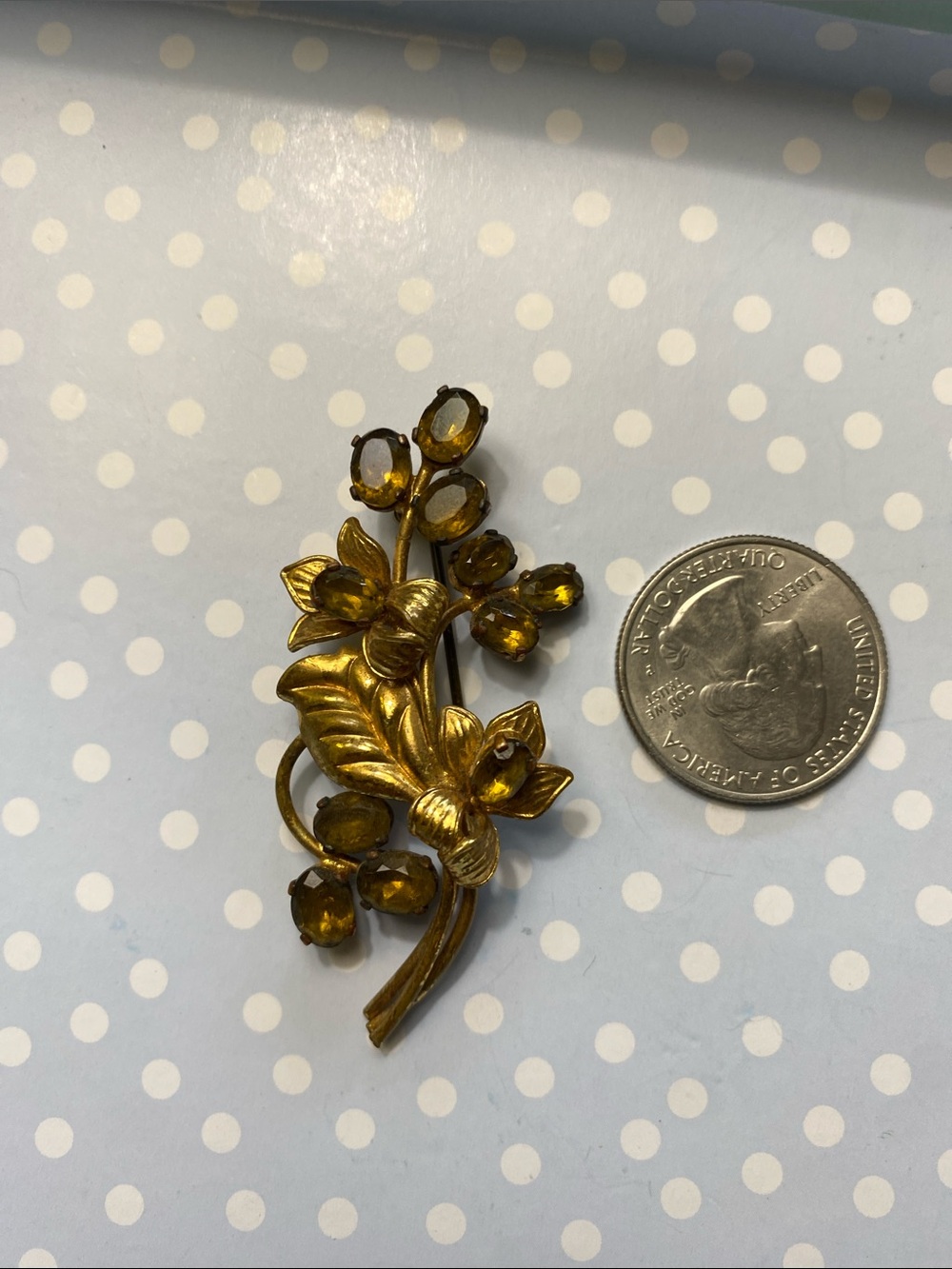 Gold-tone Floral Brooch with Amber Yellow Rhinestones
